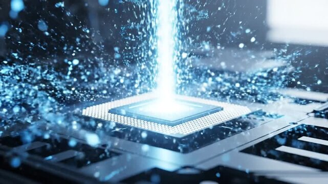 Close-up of a modern computer processor with glowing blue light effects.