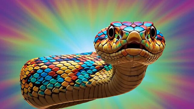 Vibrant snake wide-open mouth, colorful scales, dynamic psychedelic art