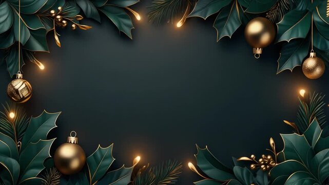 Christmas border with gold ornaments, leaves, and small lights, perfect for holiday designs, cards, invitations, and festive decorations.