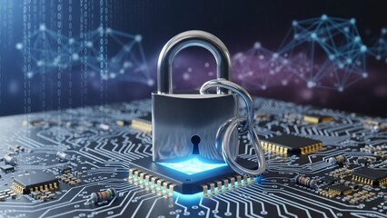 Cyber security concept with glowing blue padlock on circuit board with connections on transparent background