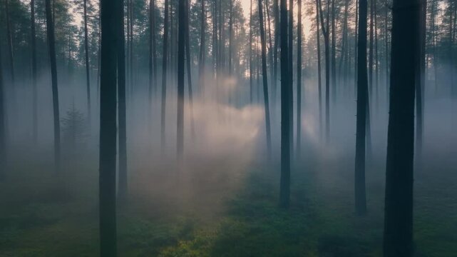 Misty forest scene with thin trees and sunlight suitable for nature and tranquilthemed designs, background for text, print material.