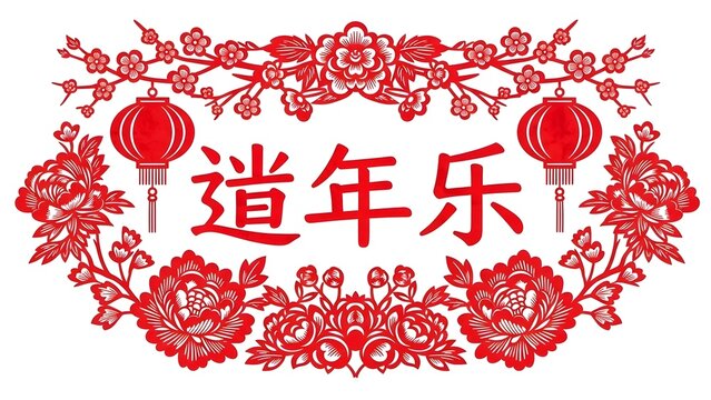 Authentic red and white paper-cut style illustration featuring peony flowers, lanterns, and auspicious Chinese calligraphy for the Spring Festival.