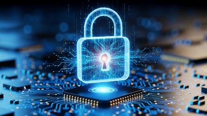 Glowing blue padlock with keyhole on a microchip circuit board on transparent background