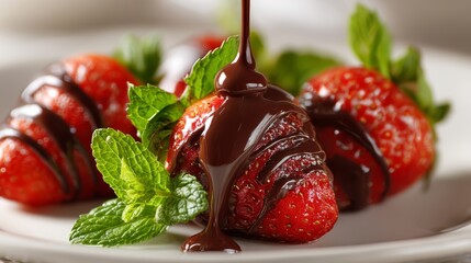 Fresh strawberries dipped in rich chocolate. Delicious dessert for sweet lovers. Ideal for romantic occasions or culinary events. Tempting image enhances food photography collection.