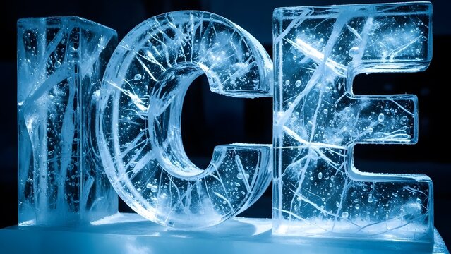Large transparent ice letters spelling C E S with internal cracks and bubbles