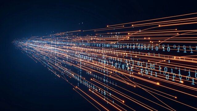 Digital data streams with orange and blue lines of code on a transparent background conveying technology and data transfer concepts - Powered by Adobe