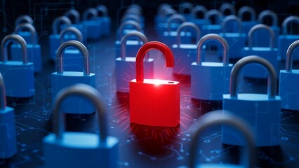 Glowing red lock standing out among blue locks on transparent background symbolizing security and uniqueness