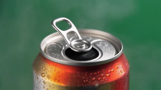 Open beverage can with condensation, green background. Suitable for summer refreshment, drink branding, and advertising materials. Ideal for product mockups.