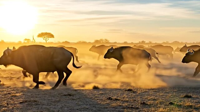 Buffalo stampede across dusty plains in warm afternoon light