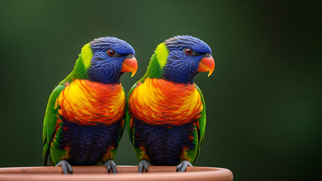 Two rainbow lorikeets perched together on edge of terracotta pot with dark green bokeh background colorful wild birds from australia sitting side by side tropical parrots wildlife photography
