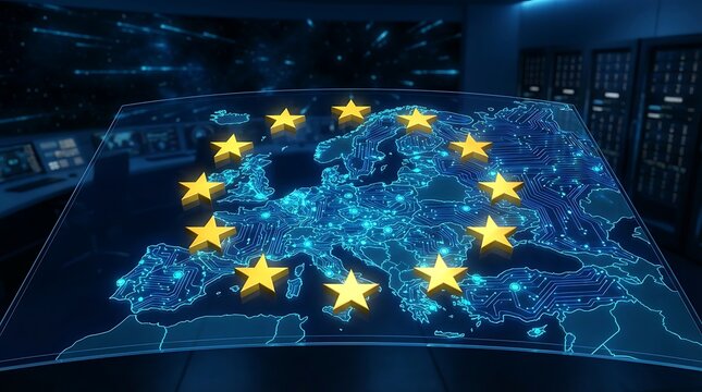 A large European map with yellow stars on a screen high quality professional detailed modern elegant stylish clean crisp vibrant colorful - Powered by Adobe