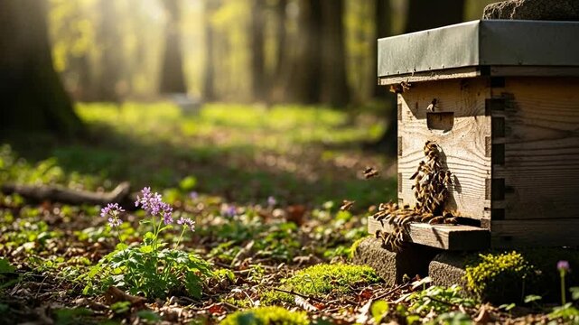 Honeybees buzzing on wooden beehive in sunlit forest environment