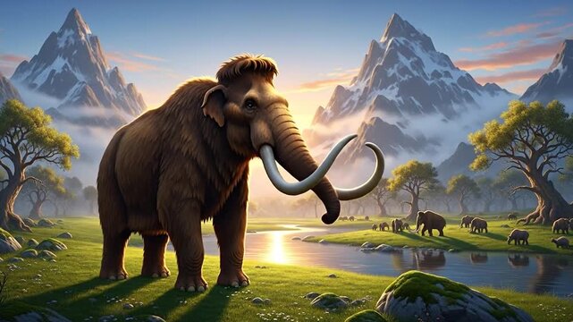 Woolly mammoth stands on green meadow in prehistoric landscape.