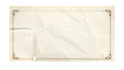 A rectangular, aged paper with ornate corners, creases, and a border, on a black background