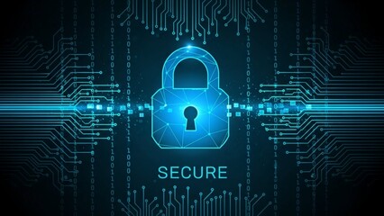 Glowing blue padlock with secure text on a circuit board background on transparent background