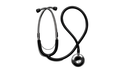 Sleek, black stethoscope isolated on a black background, suggesting medicine and healthcare
