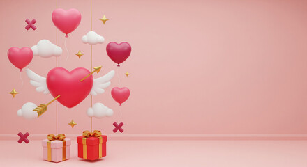 Colorful heart-shaped balloons with wings and gifts set against a soft pink background, creating a cheerful, festive atmosphere.