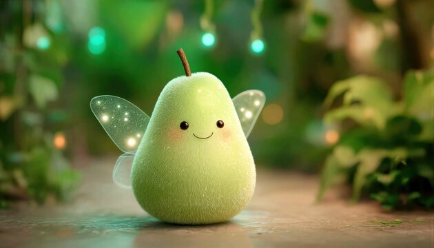 Una adorable pera con alas de hada posa en un jard&iacute;n m&aacute;gico.