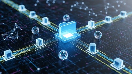 Glowing blue laptop surrounded by servers databases and network connections on transparent background