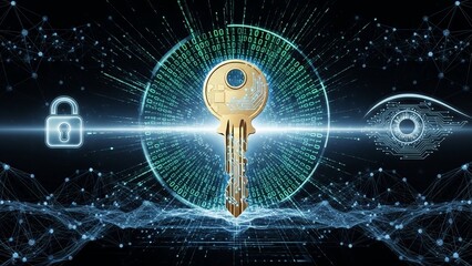 Golden key unlocking digital security on transparent background with padlock and eye scan