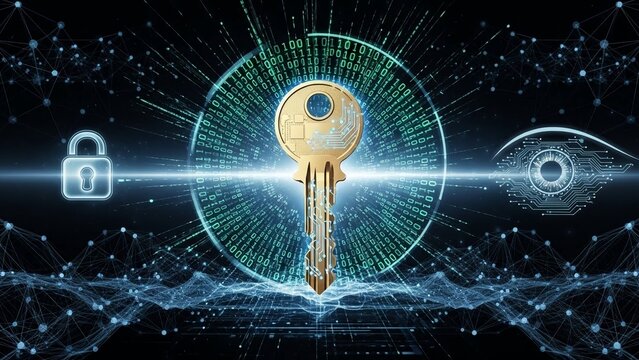Golden key unlocking digital security on transparent background with padlock and eye scan - Powered by Adobe