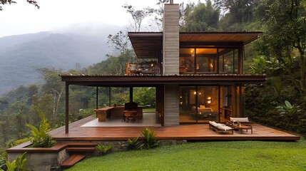 Modern tropical luxury cabin nestled deep within a misty, lush green mountain forest featuring expansive wooden decking and inviting interior lighting.