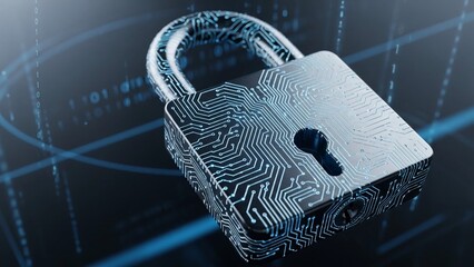 Cyber security padlock with circuit board design on transparent background for digital safety concepts