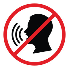 A red prohibition sign displaying a silhouette of a head with a line through it meaning no talking