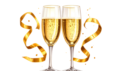 Two champagne flutes clink, golden ribbons swirl, celebratory bubbles