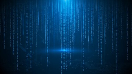 Digital rain of blue binary code on transparent background with glowing effect