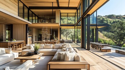Expansive contemporary luxury living room showcases dramatic floor to ceiling glass walls opening onto a lush green hillside landscape creating seamless indoor outdoor flow