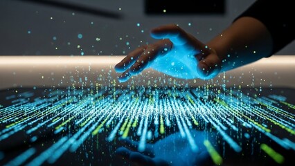 Glowing hand interacting with futuristic digital interface on transparent background