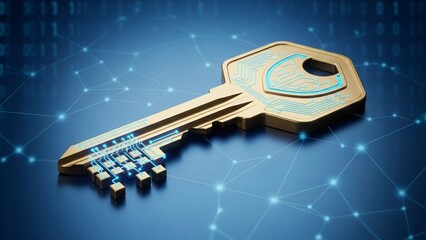 Golden key with blue circuit board details on transparent background for security and technology concepts