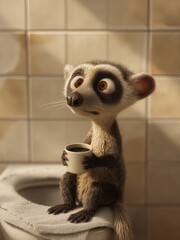 Obraz premium Un lémur antropomórfico disfruta de una taza de café en un baño.