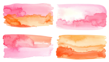 Four rectangular watercolor swatches, blending pinks, oranges, and reds against a black background