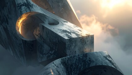 Geometric structure floats in atmospheric light, evoking futurism