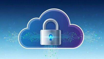 Cloud storage security concept with a silver padlock on a blue cloud on transparent background