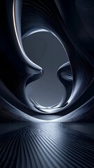 Dark, flowing, abstract structure with reflective surface and futuristic shapes