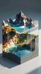 A stylized diorama of a mountain landscape inside a clear cube