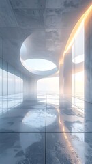 Futuristic, concrete interior with large windows and circular skylights