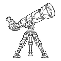 Detailed line art illustration of a futuristic telescope mounted on a tripod stand isolated on white