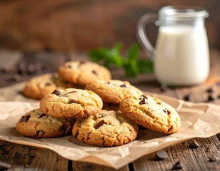 Golden cookies with chocolate chips, milk, and mint on a rustic wooden table