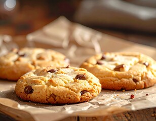 Three golden cookies with chocolate chips on parchment paper, close up