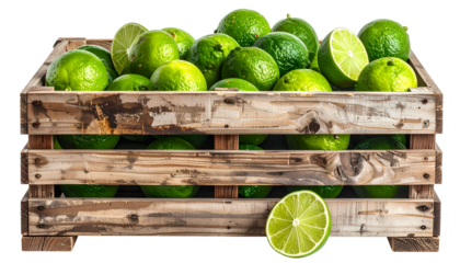 Wooden crate overflowing with fresh, green limes, some halved (1)