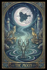 Mystical Moon Illusion with Wolves and Lobster in Dreamy Waterscape