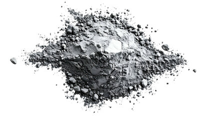 Gray, granular powder pile on black background, resembling dust, rock, or minerals