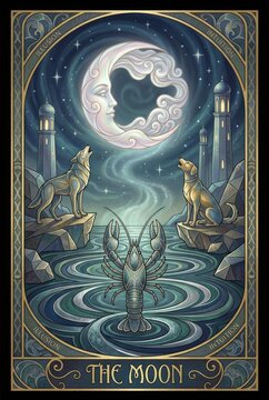 Mystical Moon Illusion with Wolves and Lobster in Dreamy Waterscape