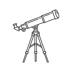 A simple line drawing depicts a classic telescope mounted on a wooden tripod for observation