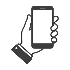 A simple black and white illustration depicting a hand holding a modern smartphone with a blank screen