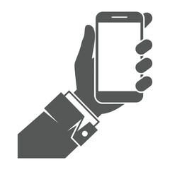 A black and white illustration depicting a hand firmly holding a rectangular smartphone device